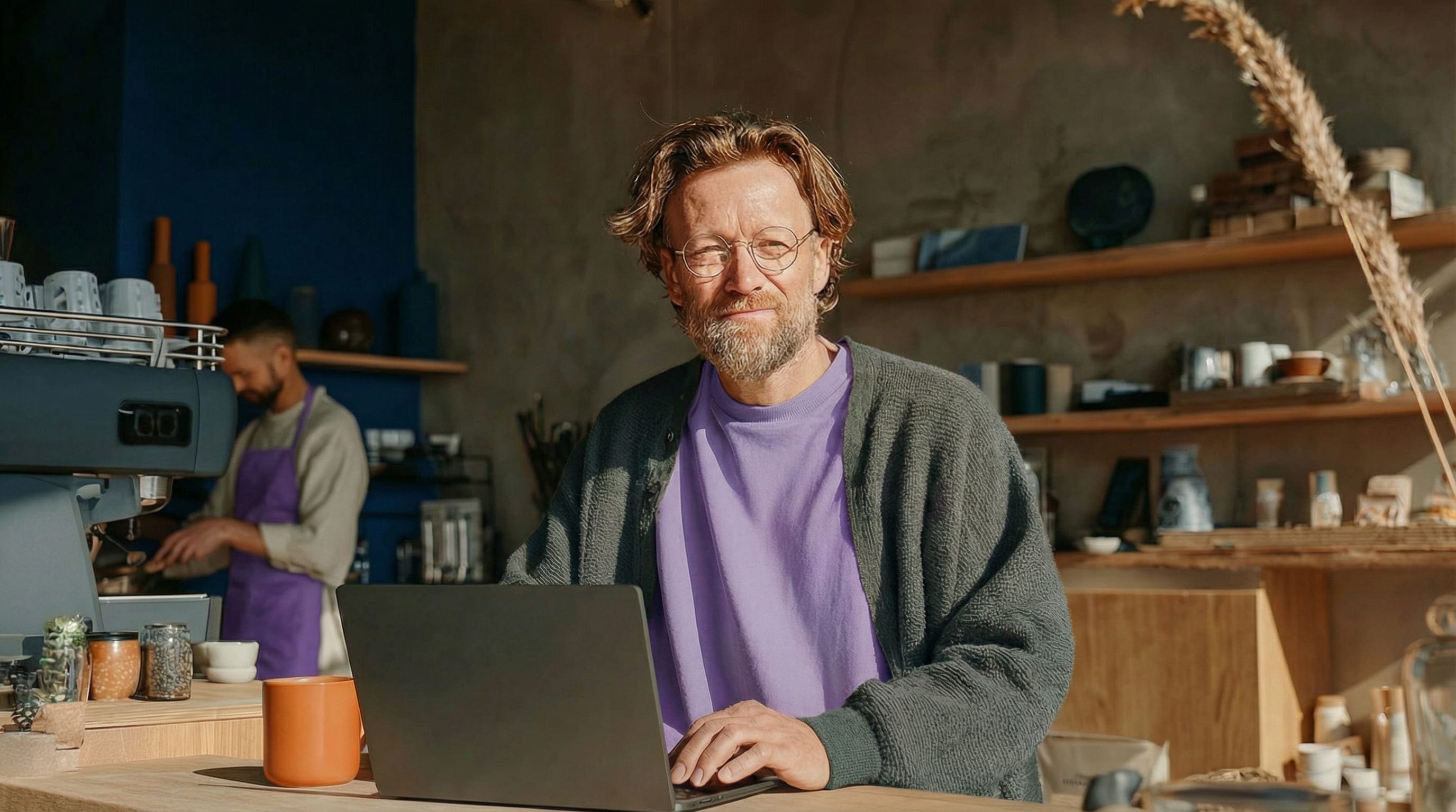 Мужчина сидит в кафе за ноутбуком